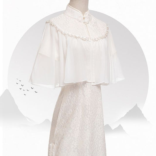 Set: Short-Sleeve Lace Midi Qipao + Faux Pearl Capelet