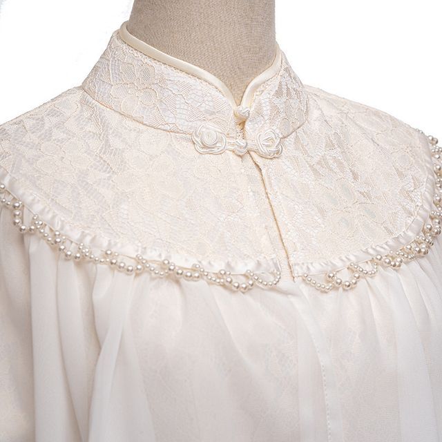 Set: Short-Sleeve Lace Midi Qipao + Faux Pearl Capelet