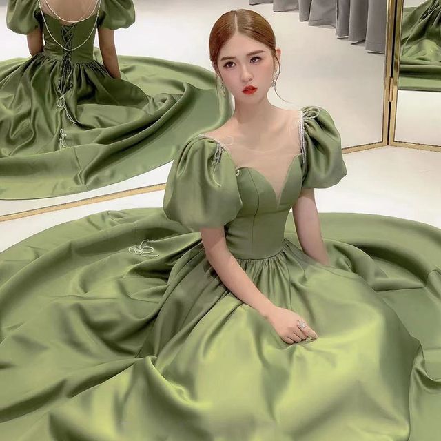 Evening Panel Satin Gown Pearl Mesh Neck Sleeve Scoop Beaded A-Line Puff Faux