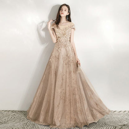 A-Line Mesh Evening Gown Cap Sleeve Neck Beaded Panel Scoop