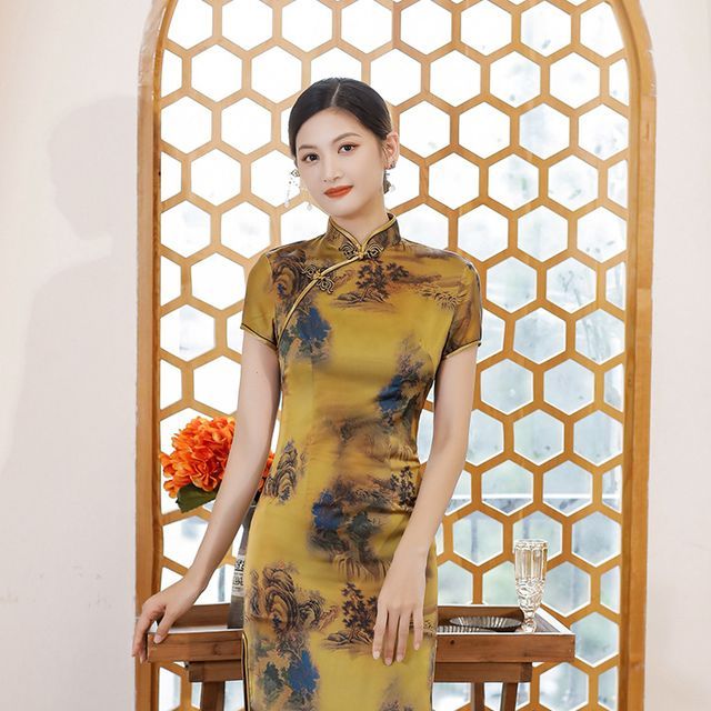 Short-Sleeve Floral Print  Midi Sheath Qipao