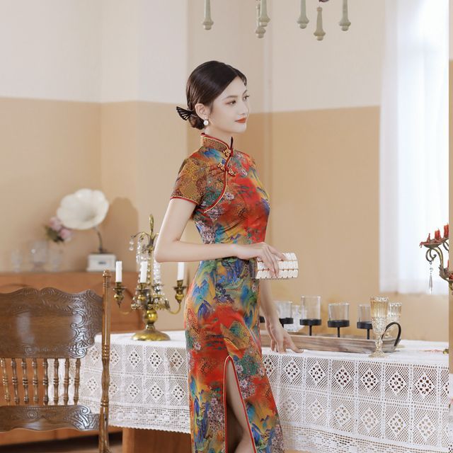Short-Sleeve Floral Print  Midi Sheath Qipao