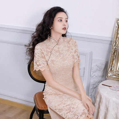 Short-Sleeve Floral Print Lace Trim  Midi Qipao