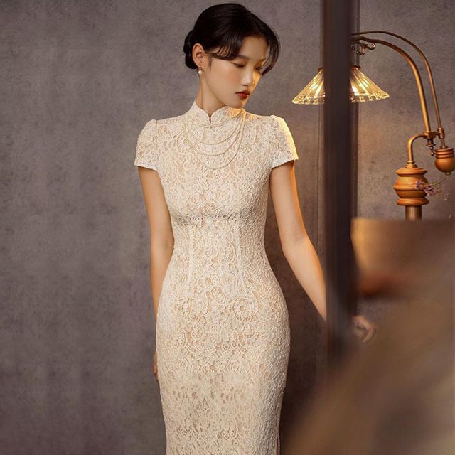 Short-Sleeve Frog Buttoned Plain Midi Sheath Dress