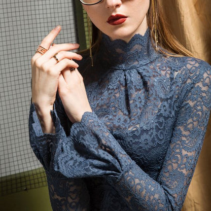 Mock-Neck Lace Top with Long Sleeves