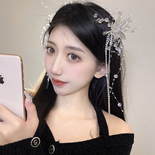 Fringed Pearl Hair Butterfly Faux Clip