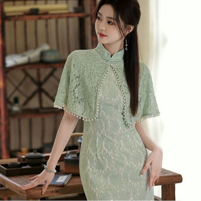 Set: Short-Sleeve Lace Panel Midi Qipao + Cape
