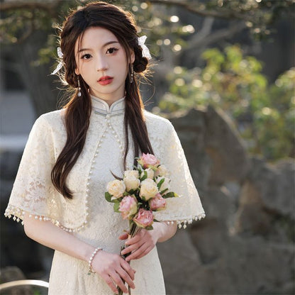 Set: Short-Sleeve Lace Panel Midi Qipao + Cape