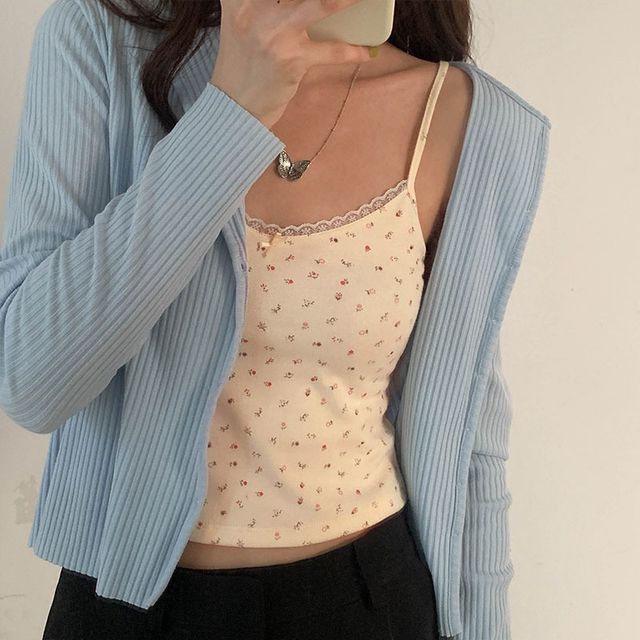 Floral Print Lace Trim Crop Camisole Top