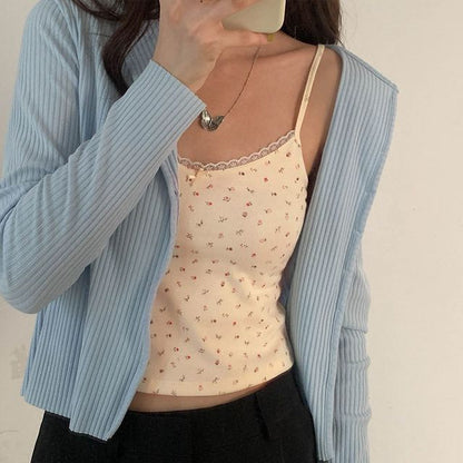 Floral Print Lace Trim Crop Camisole Top