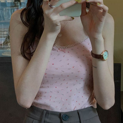 Floral Print Lace Trim Crop Camisole Top