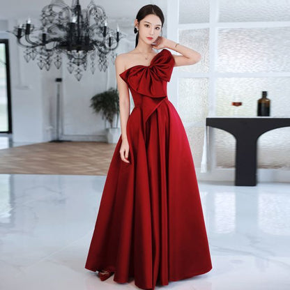 Sleeveless One Shoulder Plain Bow Satin A-Line Evening Gown