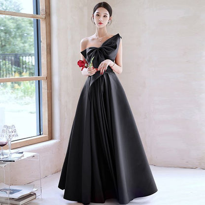 Sleeveless One Shoulder Plain Bow Satin A-Line Evening Gown