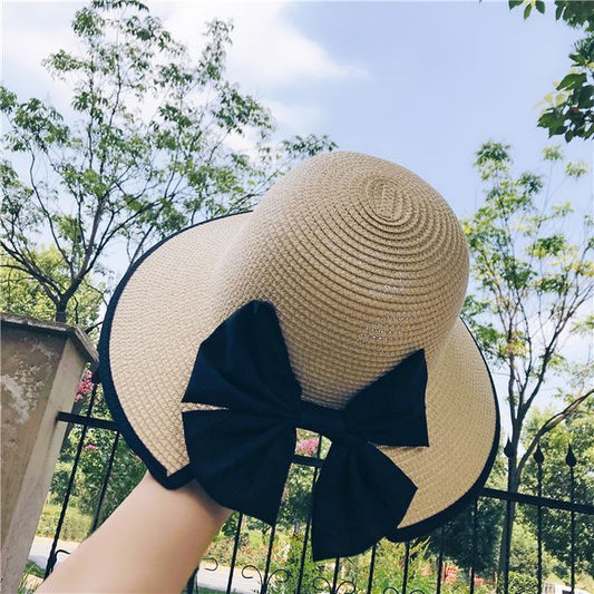 Bow Piped Sun Straw Hat