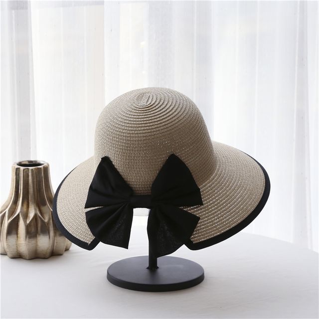 Bow Piped Sun Straw Hat