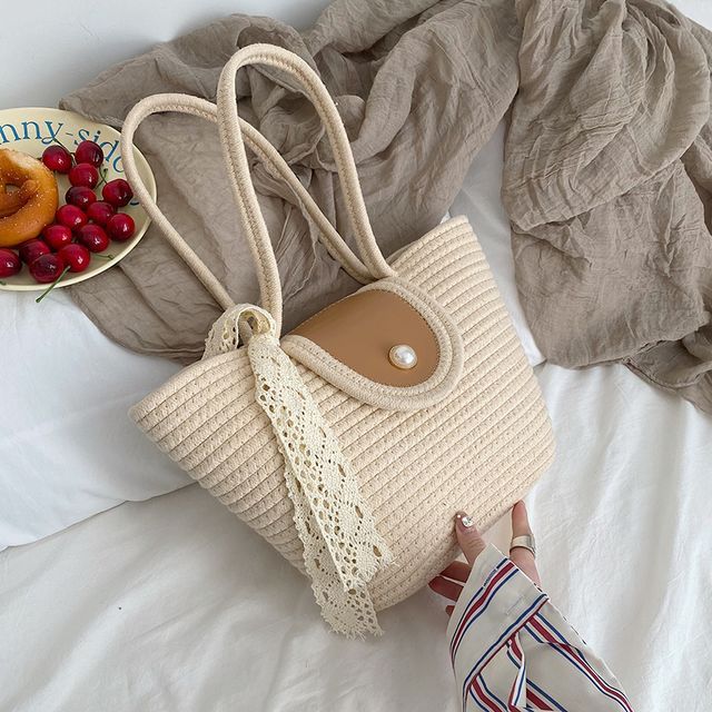 Faux Pearl Buttoned Woven Tote Bag