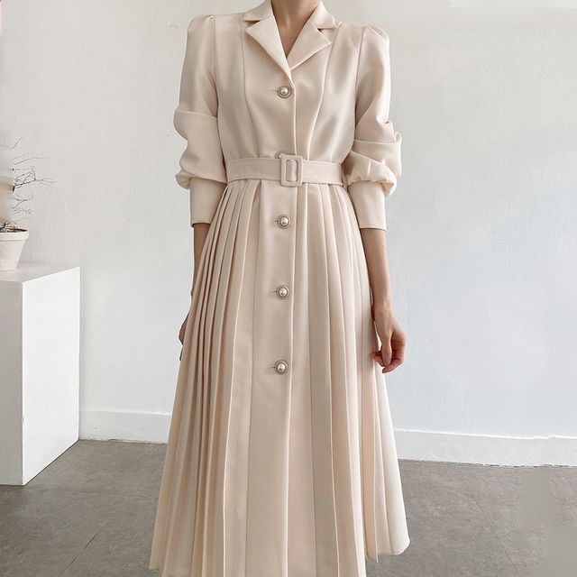 Long-Sleeve Notch Lapel Faux Pearl Button Pleated Midi A-Line Dress