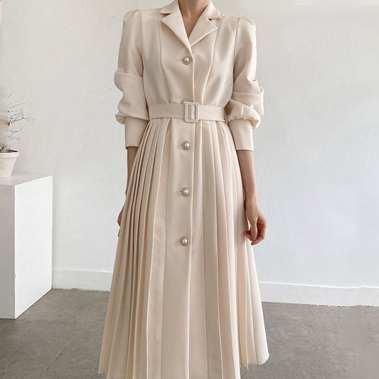 Long-Sleeve Notch Lapel Faux Pearl Button Pleated Midi A-Line Dress