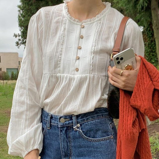 Long-Sleeve Plain Frill Trim Blouse