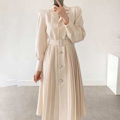 Long-Sleeve Notch Lapel Faux Pearl Button Pleated Midi A-Line Dress