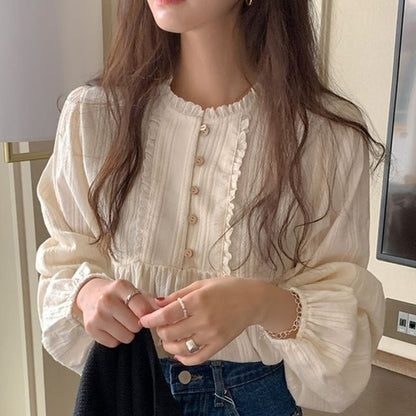 Long-Sleeve Plain Frill Trim Blouse