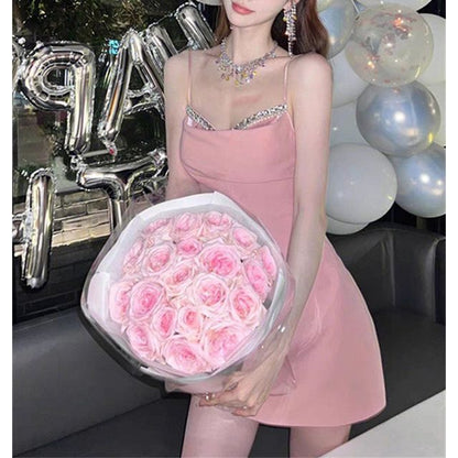 Spaghetti Strap Cowl Neck Rhinestone Mini A-Line Party Dress