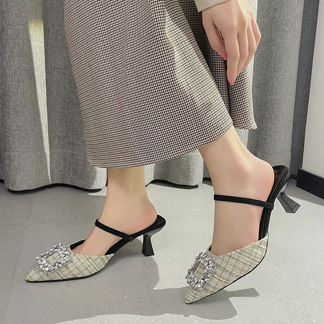 Pointed Rhinestone Kitten Heel Sandals