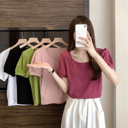Puff-Sleeve Scoop Neck Plain T-Shirt