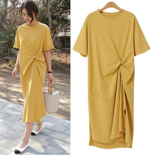 Short-Sleeve Crew Neck Plain Twist Midi T-Shirt Dress