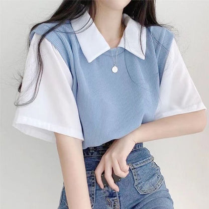 Short-Sleeve Collared Mock Two Piece T-Shirt