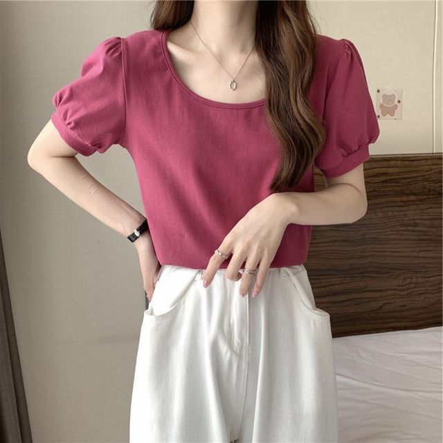 Puff-Sleeve Scoop Neck Plain T-Shirt