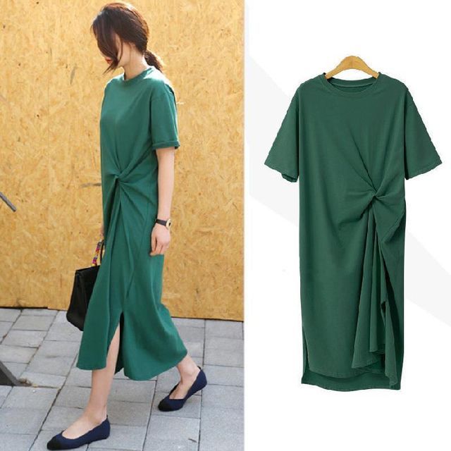 Short-Sleeve Crew Neck Plain Twist Midi T-Shirt Dress