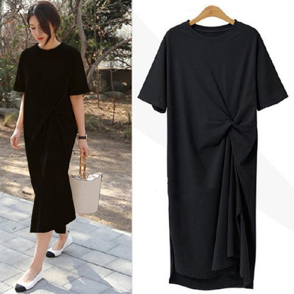 Short-Sleeve Crew Neck Plain Twist Midi T-Shirt Dress