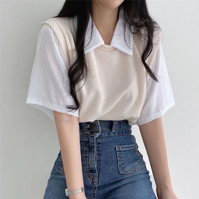 Short-Sleeve Collared Mock Two Piece T-Shirt