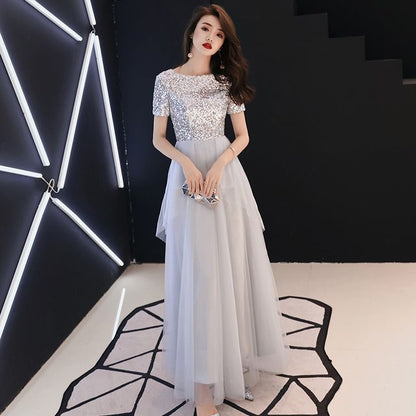 Short-Sleeve Gown Mesh Sequined A-Line Evening