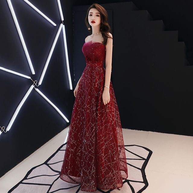 Strapless Floral Rhinestone A-Line Mesh Evening Gown