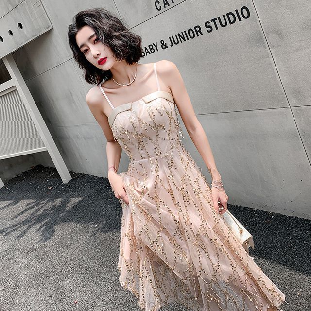 Spaghetti Strap Sequined Fringed A-Line Cocktail Dress