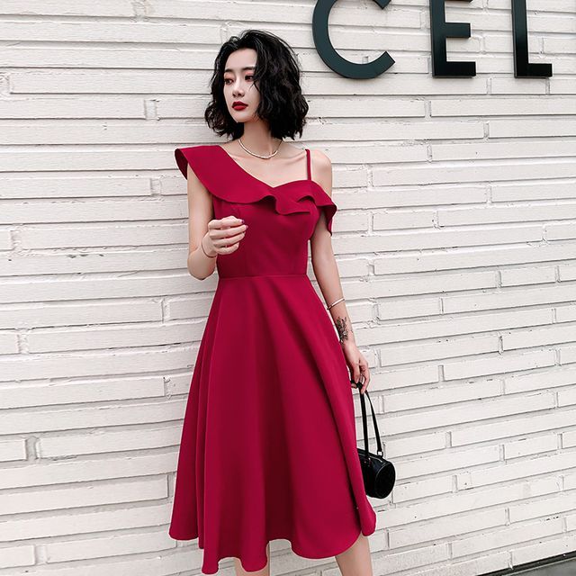 Asymmetrical Spaghetti Strap Ruffled Plain A-Line Cocktail Dress