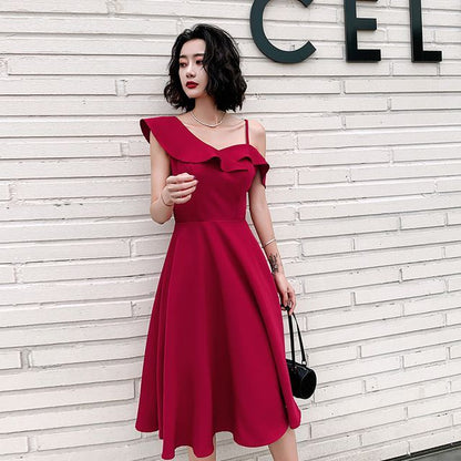 Asymmetrical Spaghetti Strap Ruffled Plain A-Line Cocktail Dress
