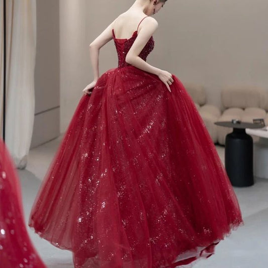 Mesh Strap Sequined Evening A-Line Spaghetti Gown