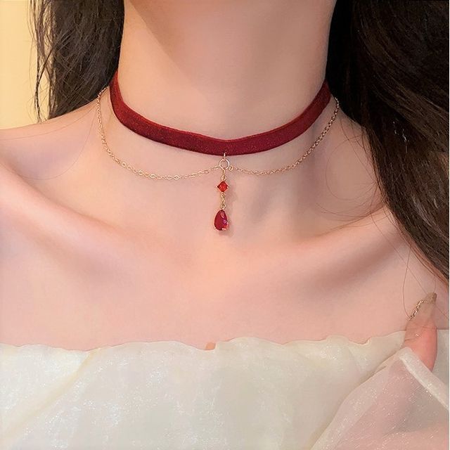 Faux Crystal Pendant Layered Velvet Choker