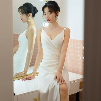 A-Line Slit Strap Spaghetti Wrap Bolero Wedding Ruched V-Neck / Gown Plain Set