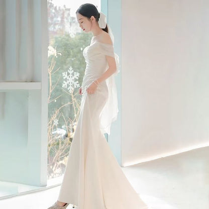 Panel Shoulder Bow Short-Sleeve Plain Gown Wedding Mesh Ruched Off Mermaid