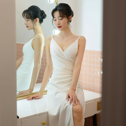 A-Line Slit Strap Spaghetti Wrap Bolero Wedding Ruched V-Neck / Gown Plain Set