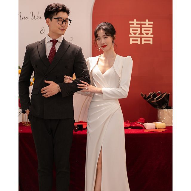 A-Line Slit Strap Spaghetti Wrap Bolero Wedding Ruched V-Neck / Gown Plain Set