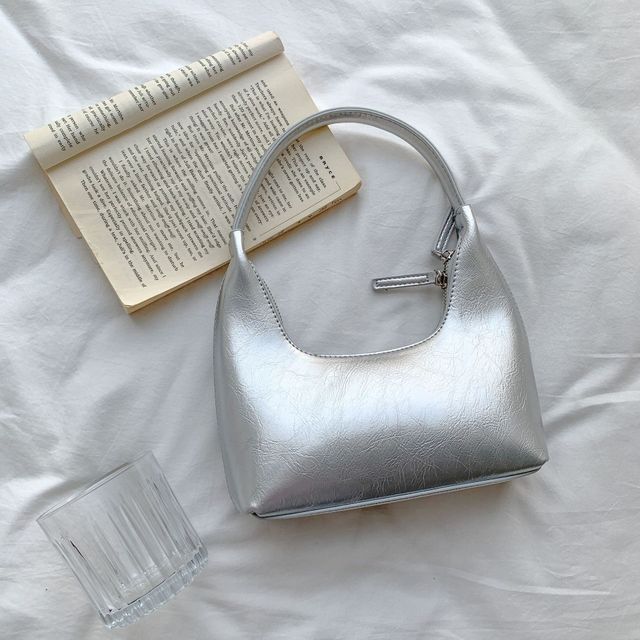 Faux Leather Plain Zip Shoulder Bag