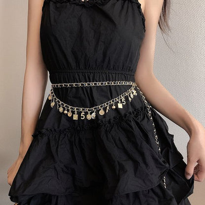 Leather Waist Alloy Layered Belt Chain Faux Fringed