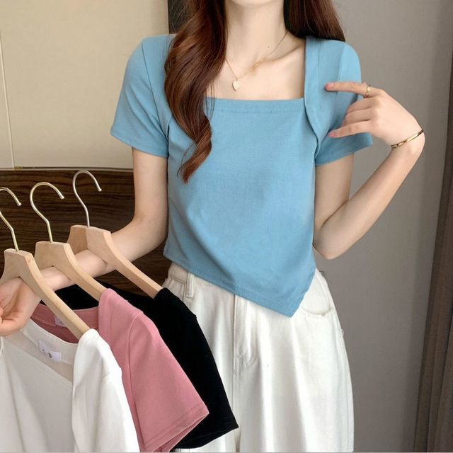 Short-Sleeve Square Neck Irregular Cropped T-Shirt