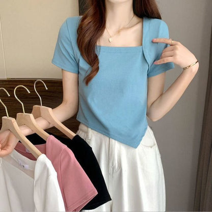 Short-Sleeve Square Neck Irregular Cropped T-Shirt