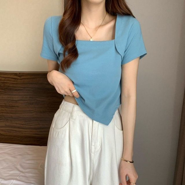 Short-Sleeve Square Neck Irregular Cropped T-Shirt